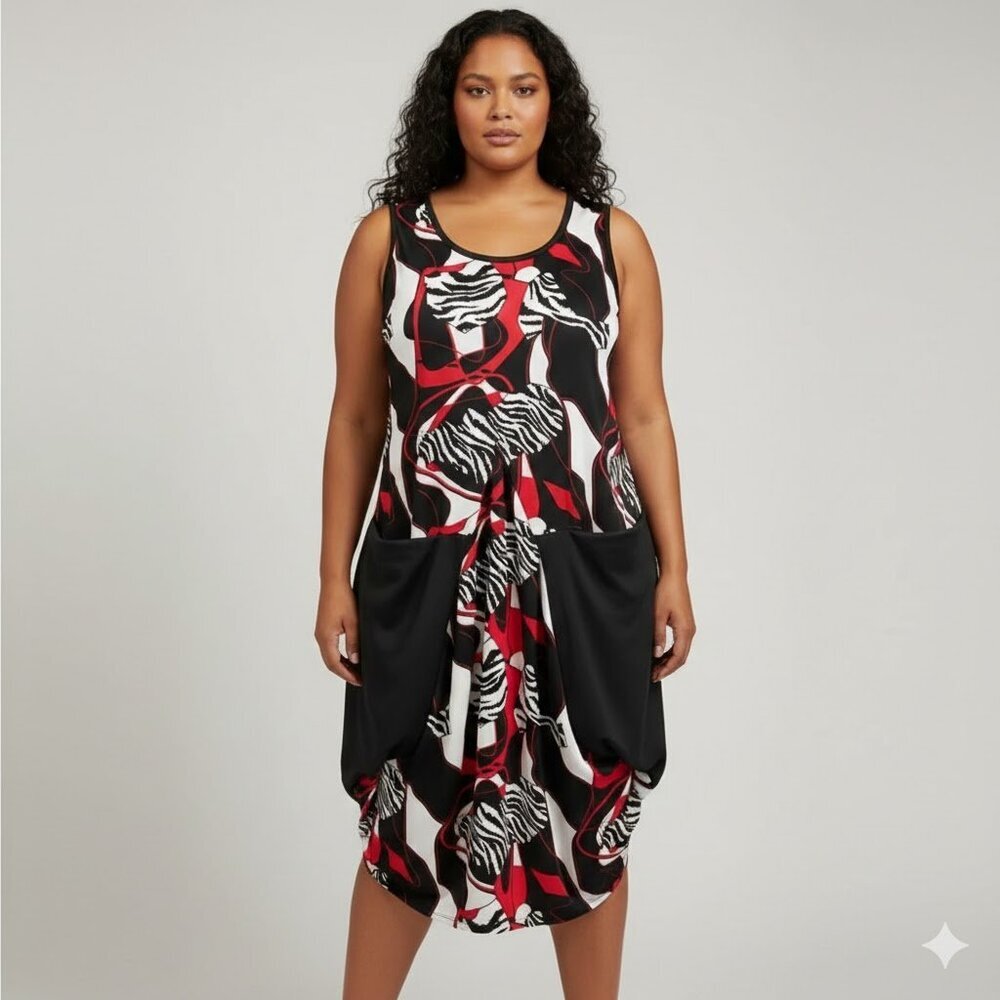 Red/Black Printed Loose Dress with Pockets